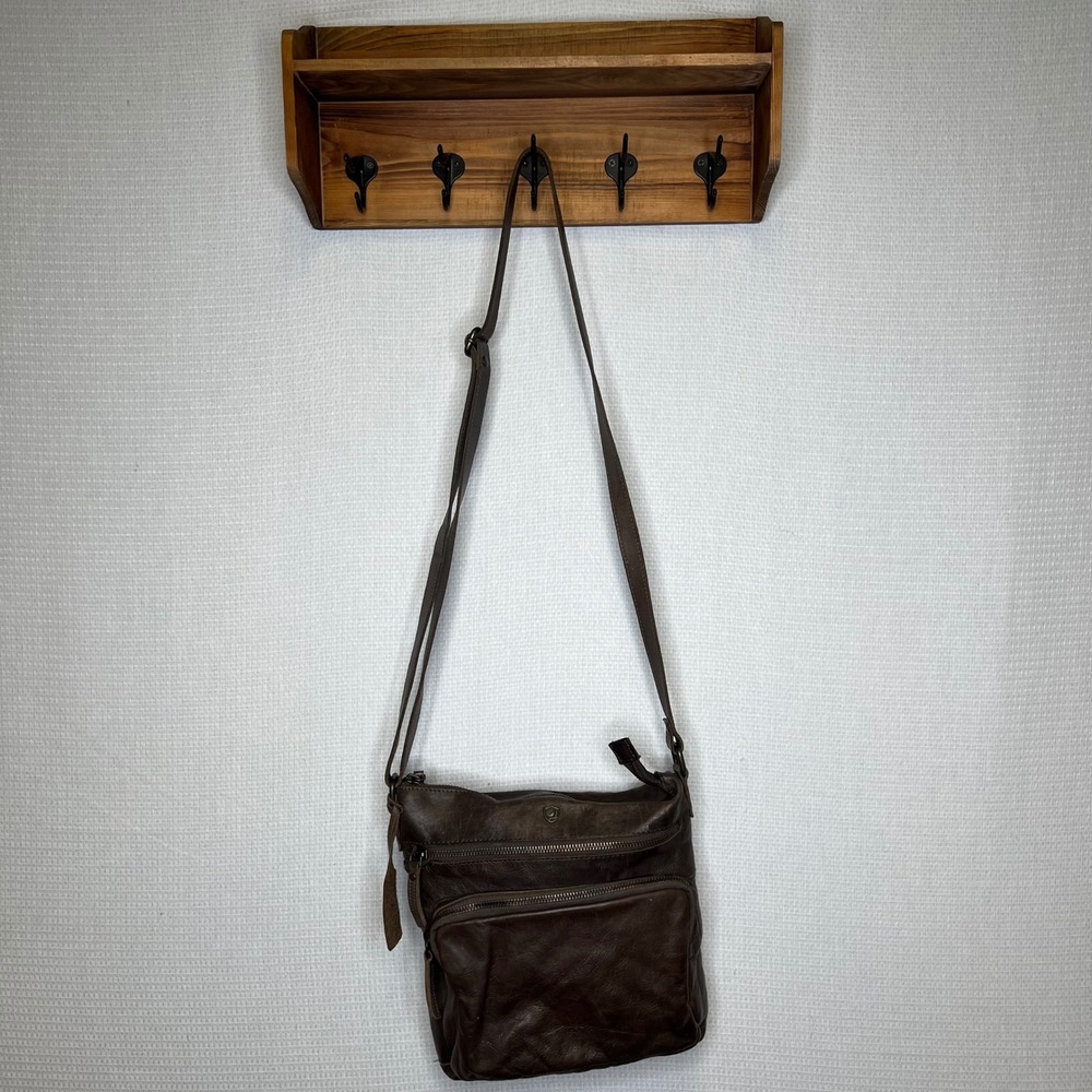 COCHOR Brown Distressed Leather Crossbody Bag Adjustable Strap Zip Pockets‎